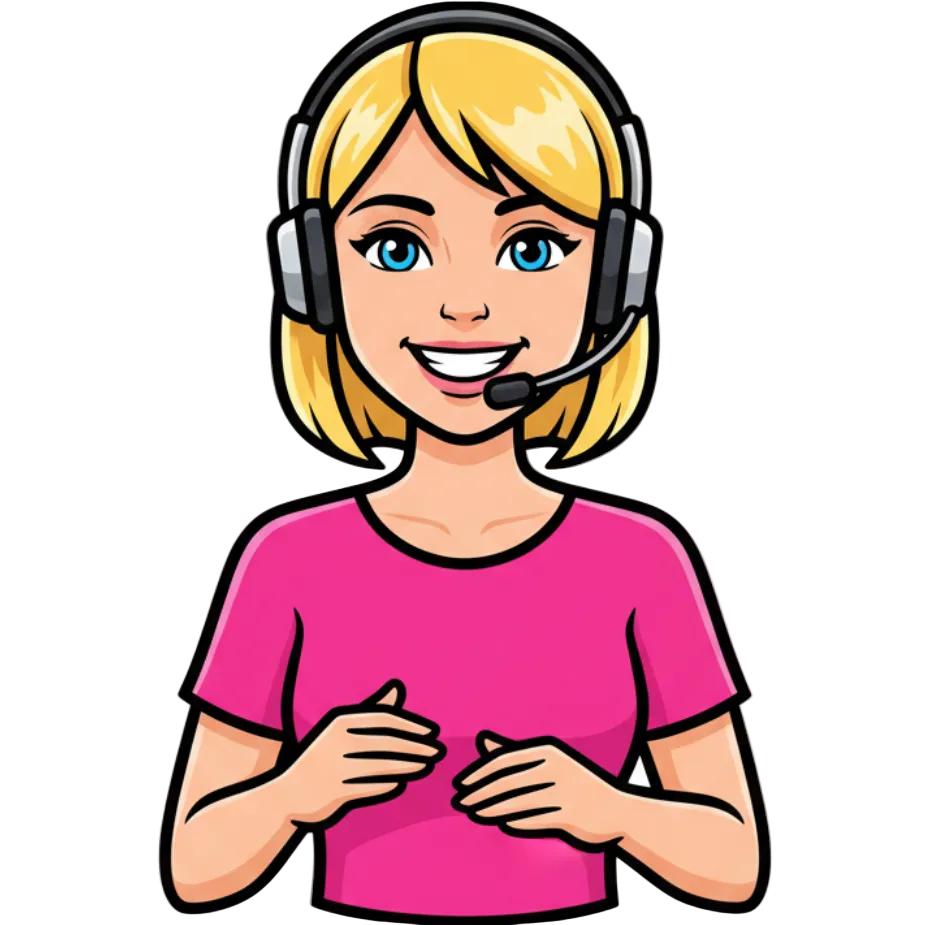 emoji di donna call center con cuffia, capelli biondi e maglia fucsia con sfondo bianco